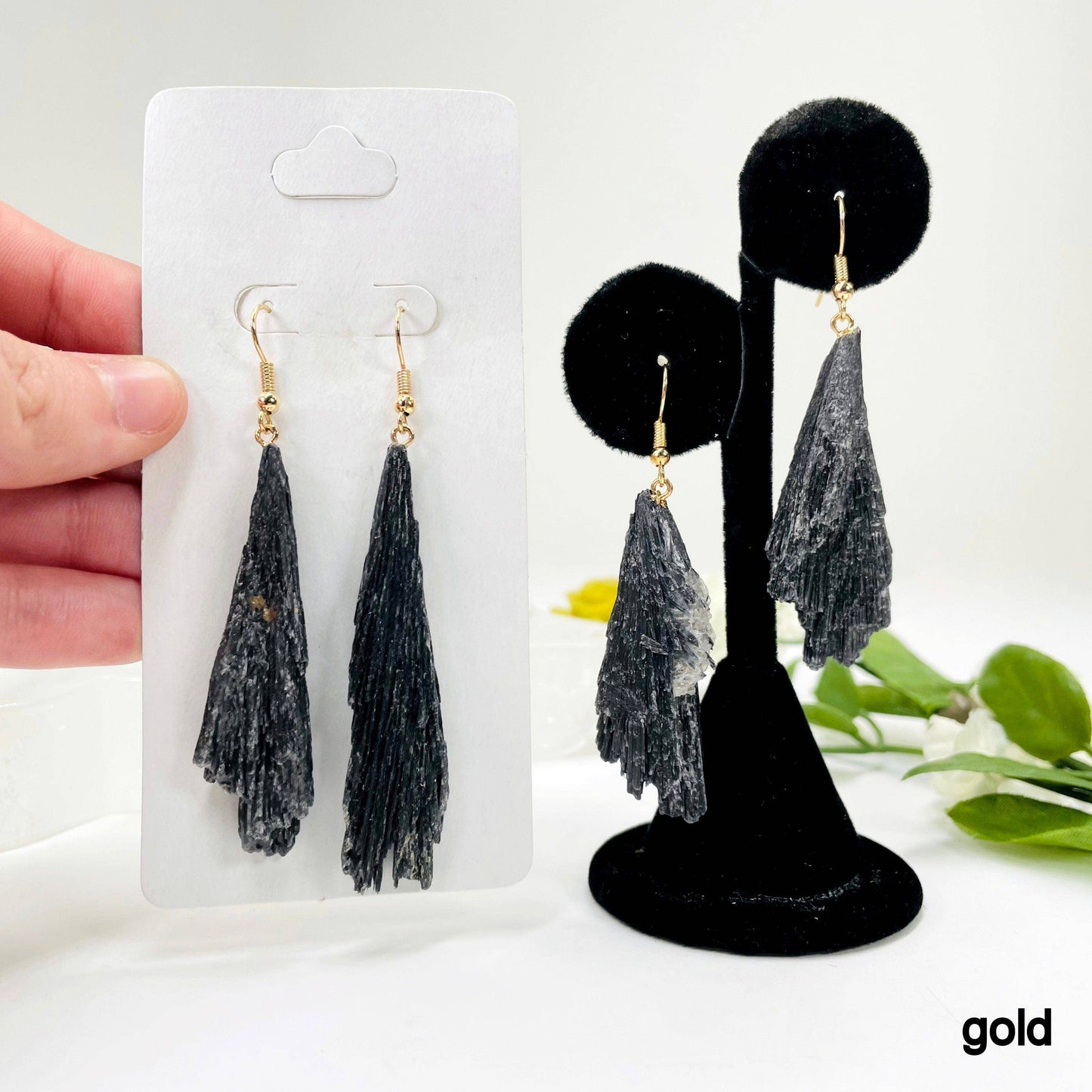 Black Kyanite Fan Dangle Earrings