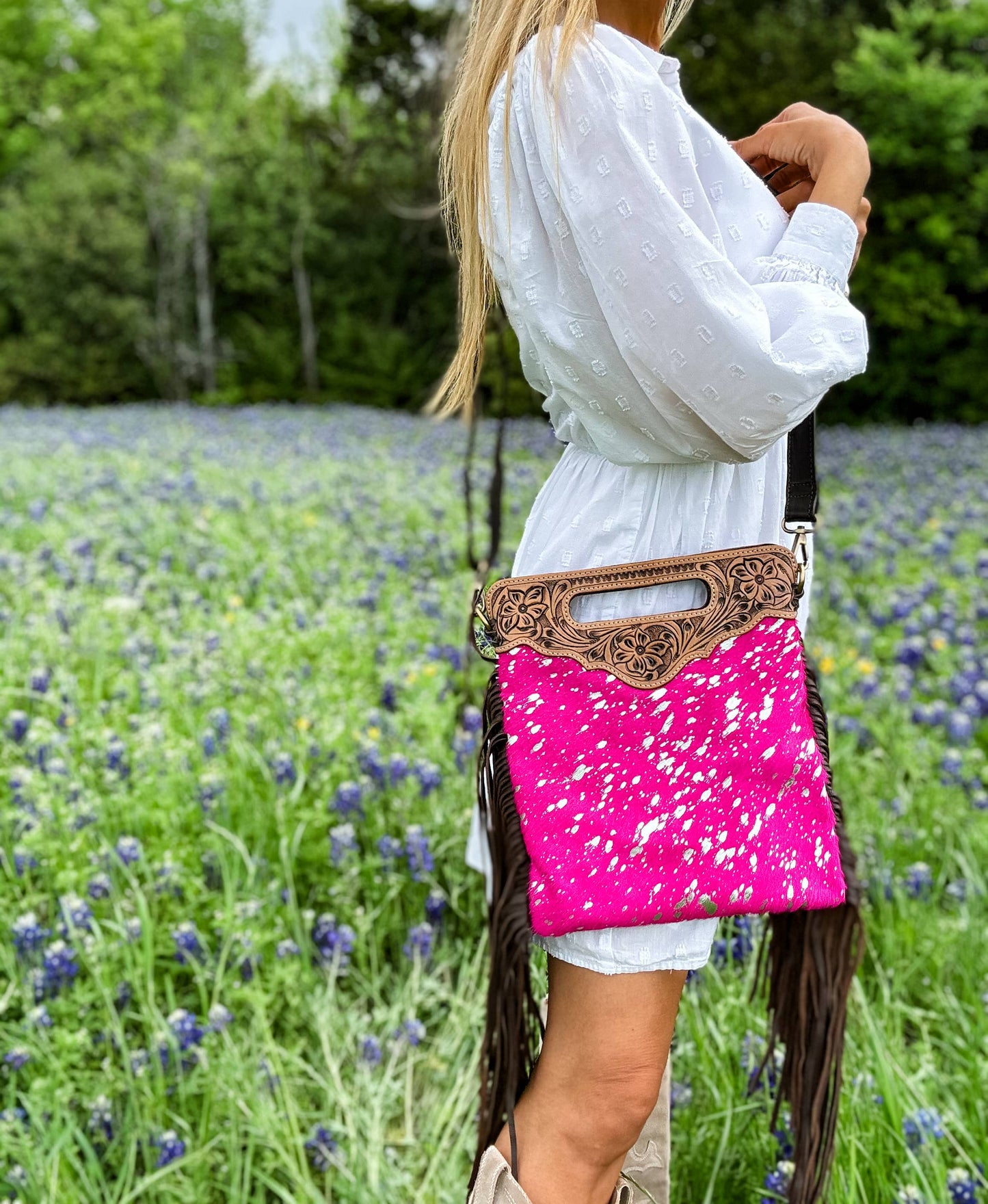 Western Tooled Leather Cowhide Tassel Clutch Crossbody