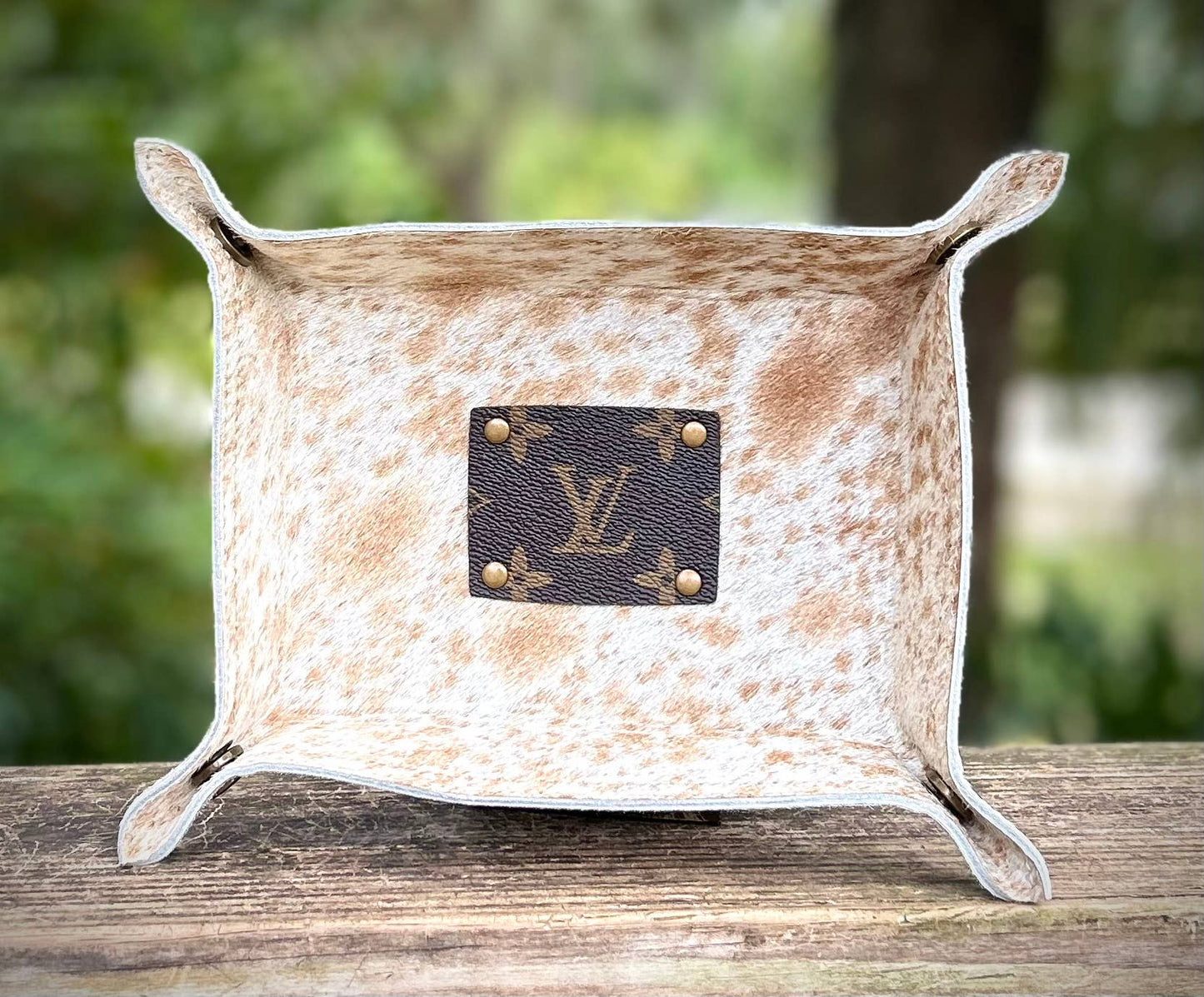 Upcycled LV Cowhide Trinket Tray Dish Jewelry Holder Western