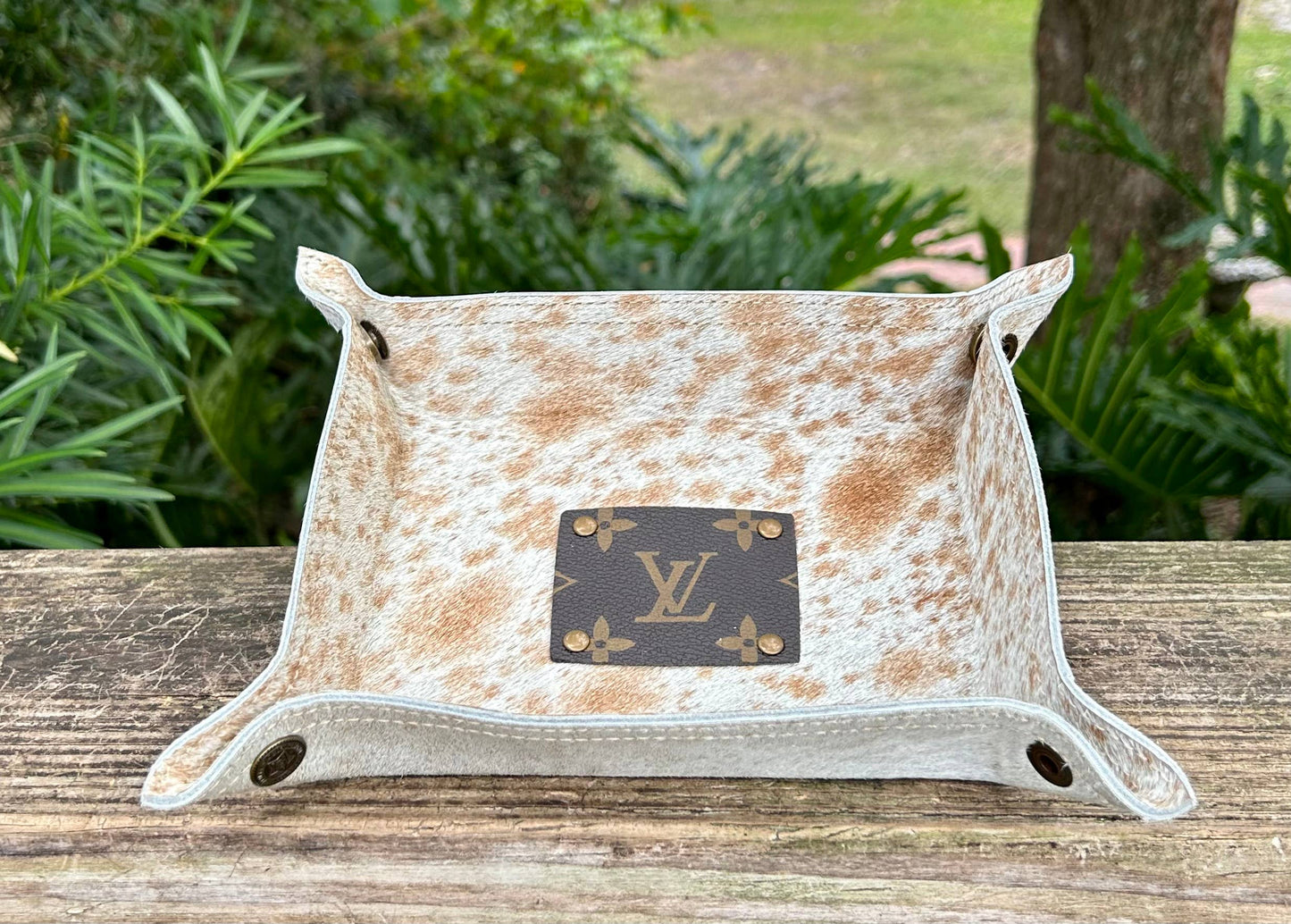 Upcycled LV Cowhide Trinket Tray Dish Jewelry Holder Western