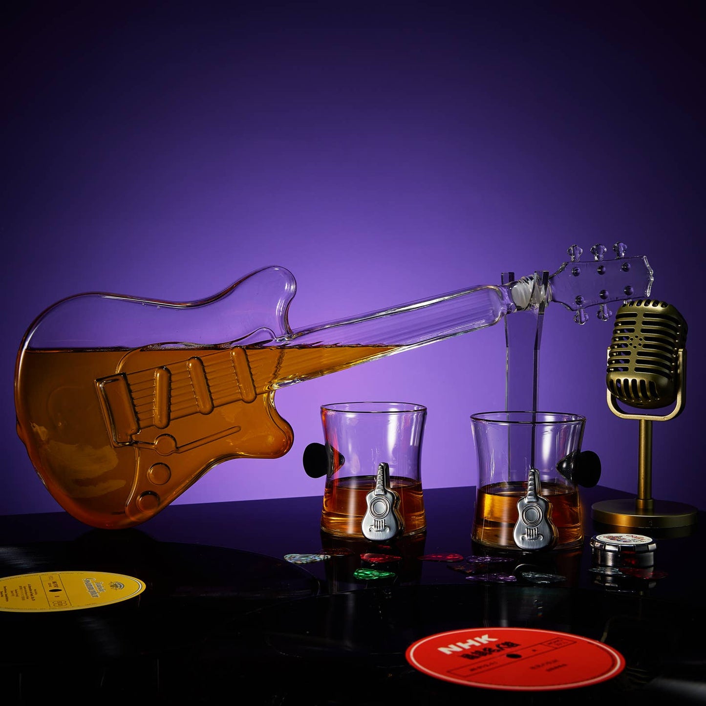 Electric Guitar  Decanter with 2 Pick Whiskey Glasses