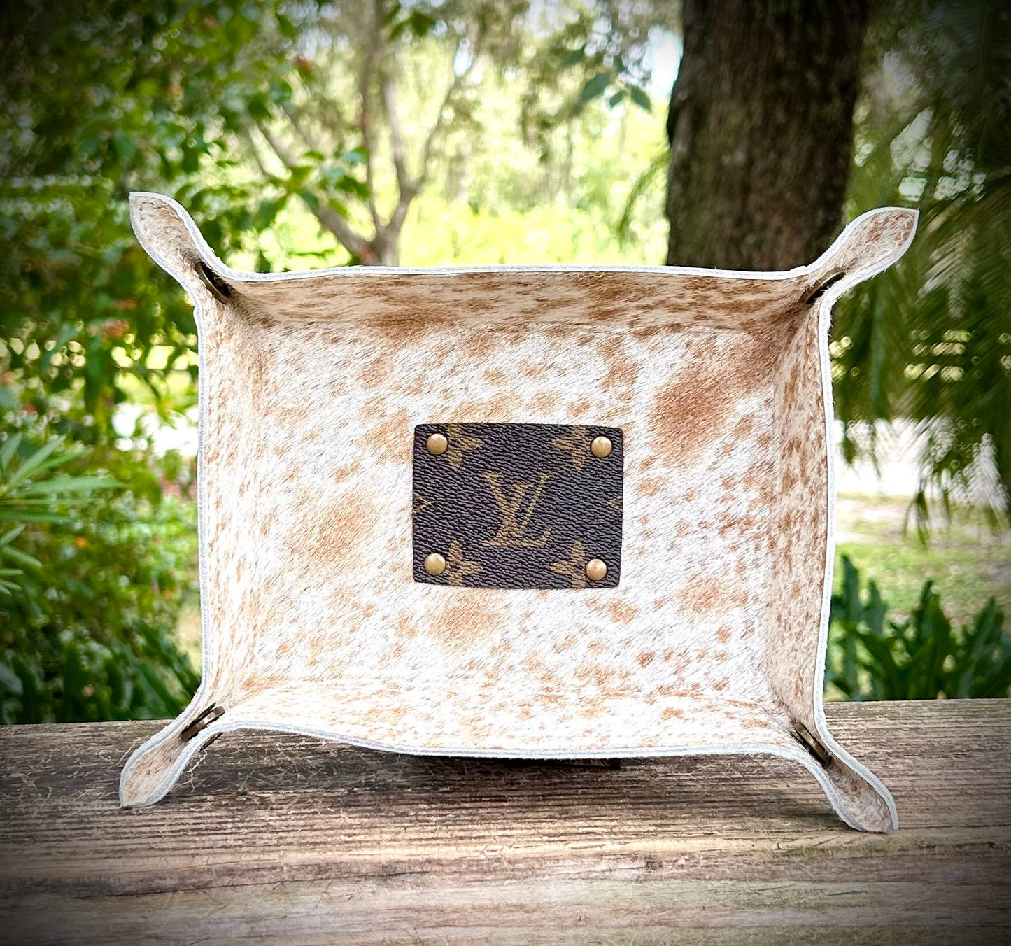 Upcycled LV Cowhide Trinket Tray Dish Jewelry Holder Western