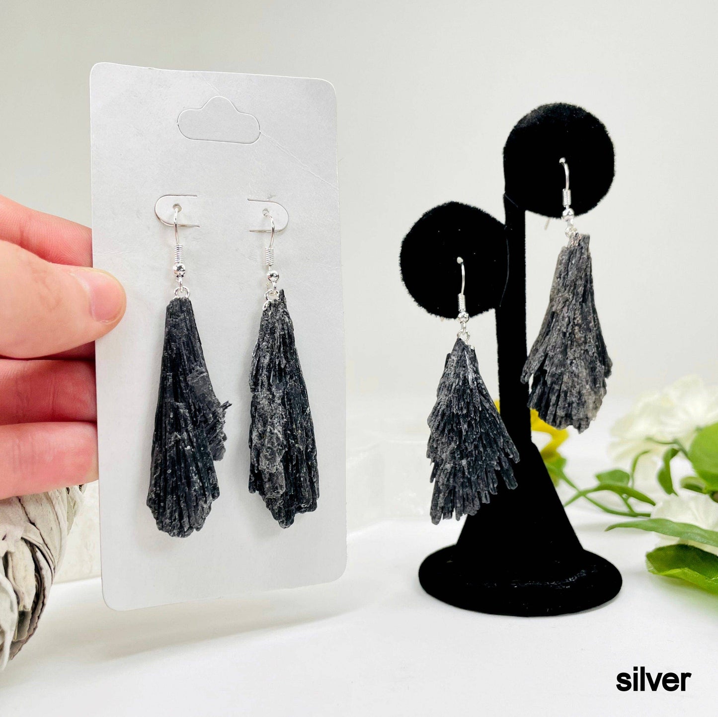 Black Kyanite Fan Dangle Earrings