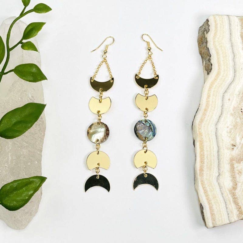 Moon Dangle Earrings Electroplated in Gold with Abalone Accent