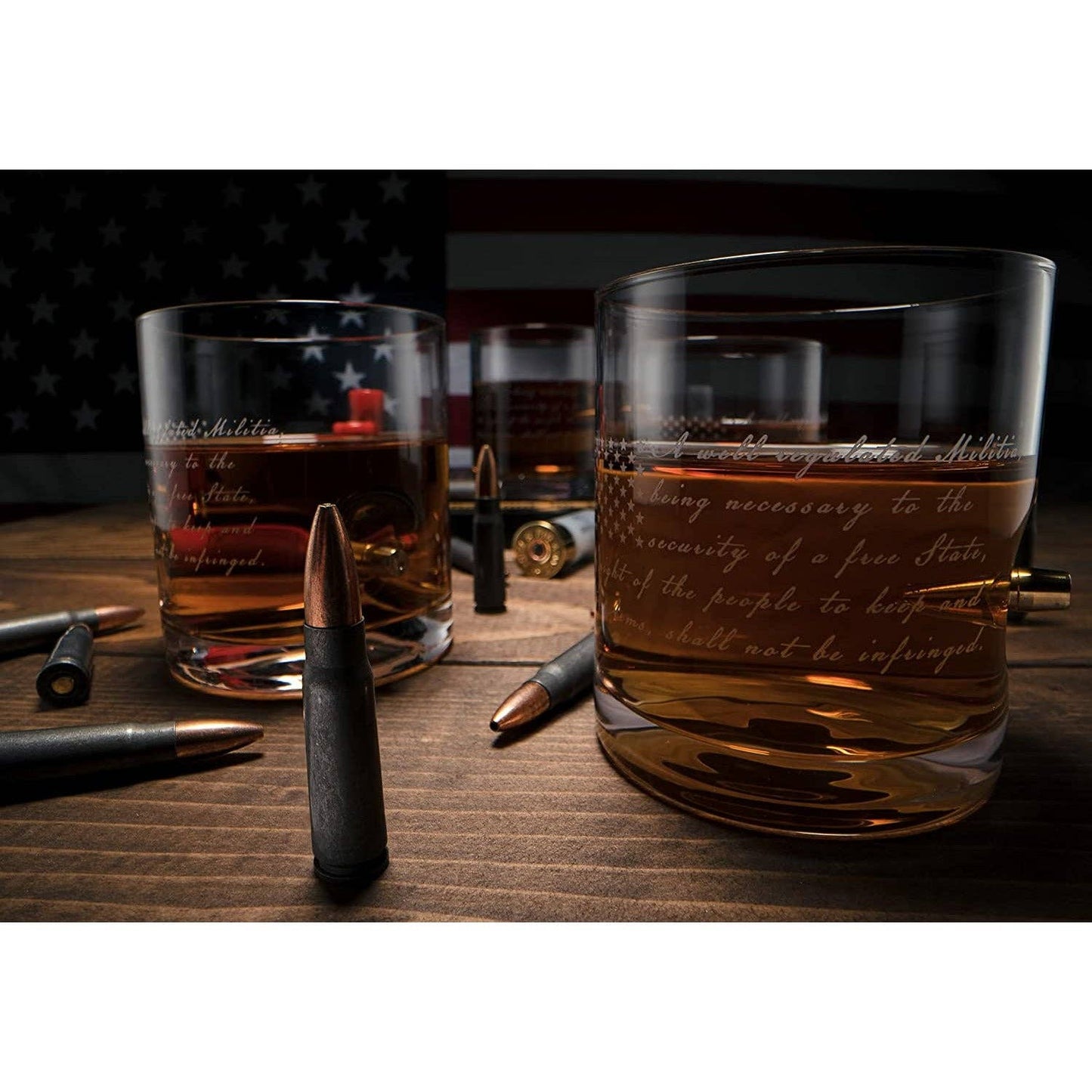 2nd Amendment Whiskey Glasses With Bullet and Flag Base Set