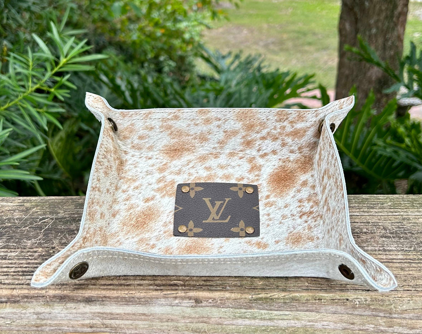 Upcycled LV Cowhide Trinket Tray Dish Jewelry Holder Western